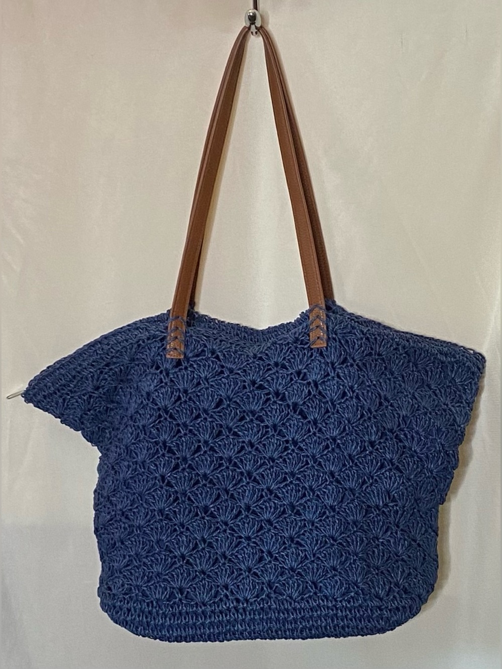 Like New Blue Woven/ Crochet Papyrus Boho Tote Bag with Faux Leather Straps